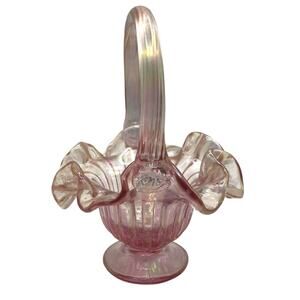 Vintage 1999 Fenton Art Glass Iridized Empress Rose Faberge Mini Basket